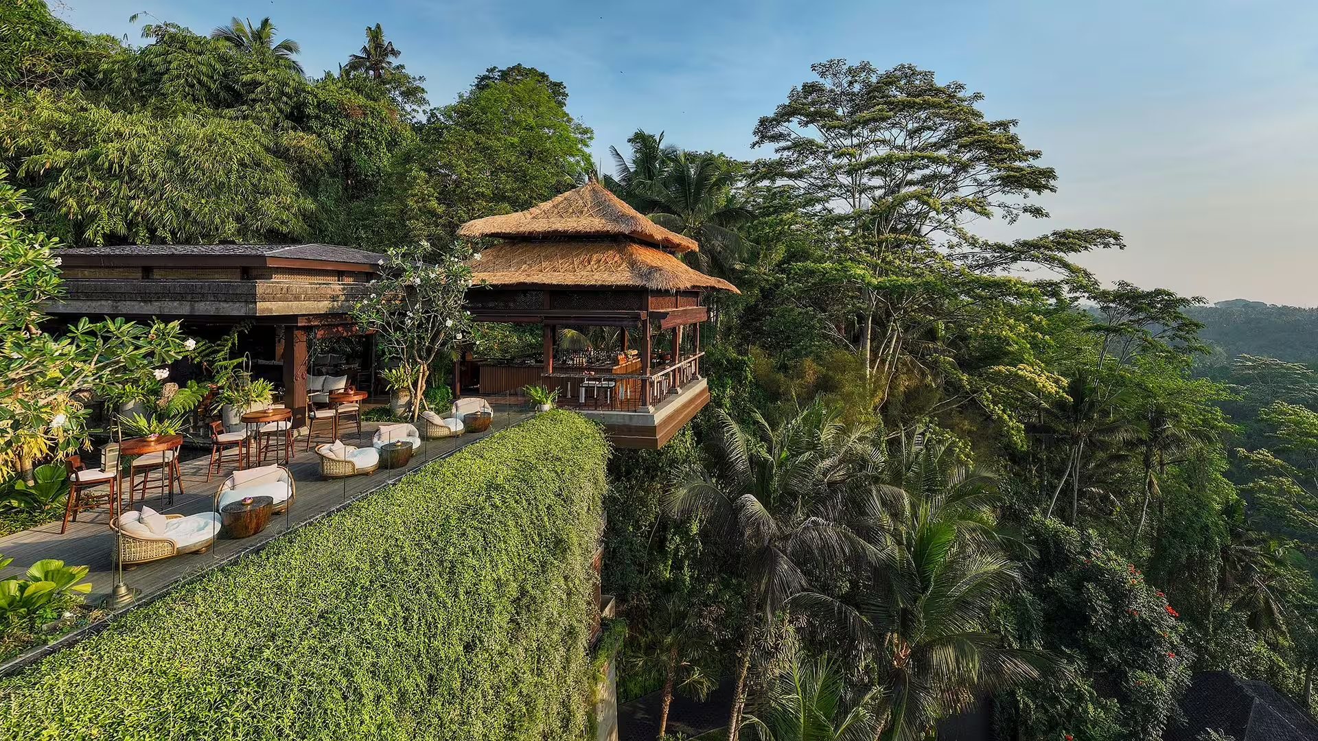 Ambar, the cliffside bar at Mandapa, a Ritz-Carlton Reserve, overlooking the jungle valley